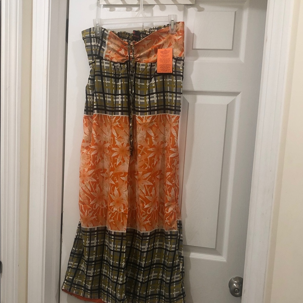 Orange Floral & Olive Plaid Patchwork Wide-Leg Pants